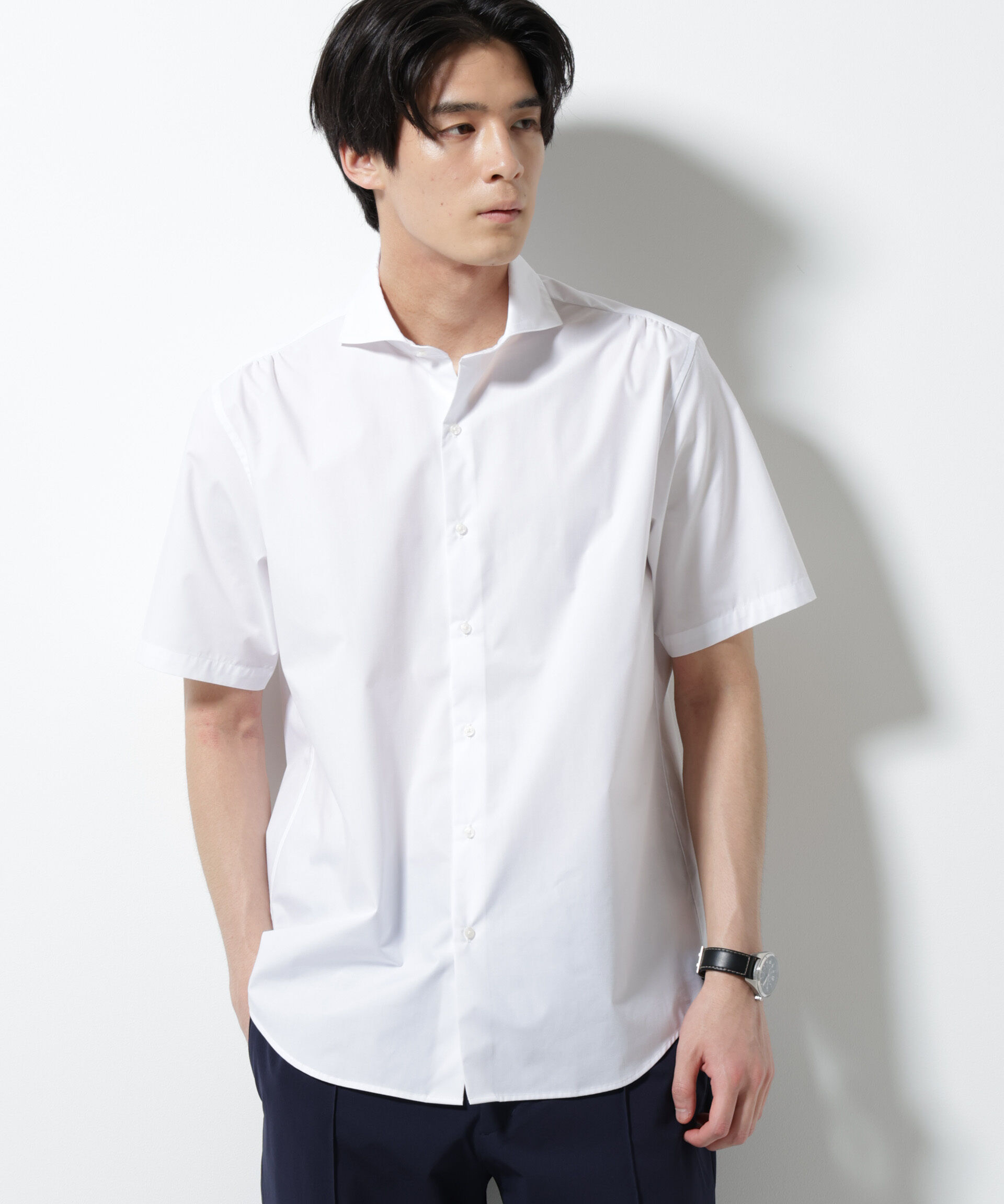 nano･universe「「N shirt」 速乾 ホリゾンタルカラーシャツ半袖」|シャツ・ブラウス|ホワイト
