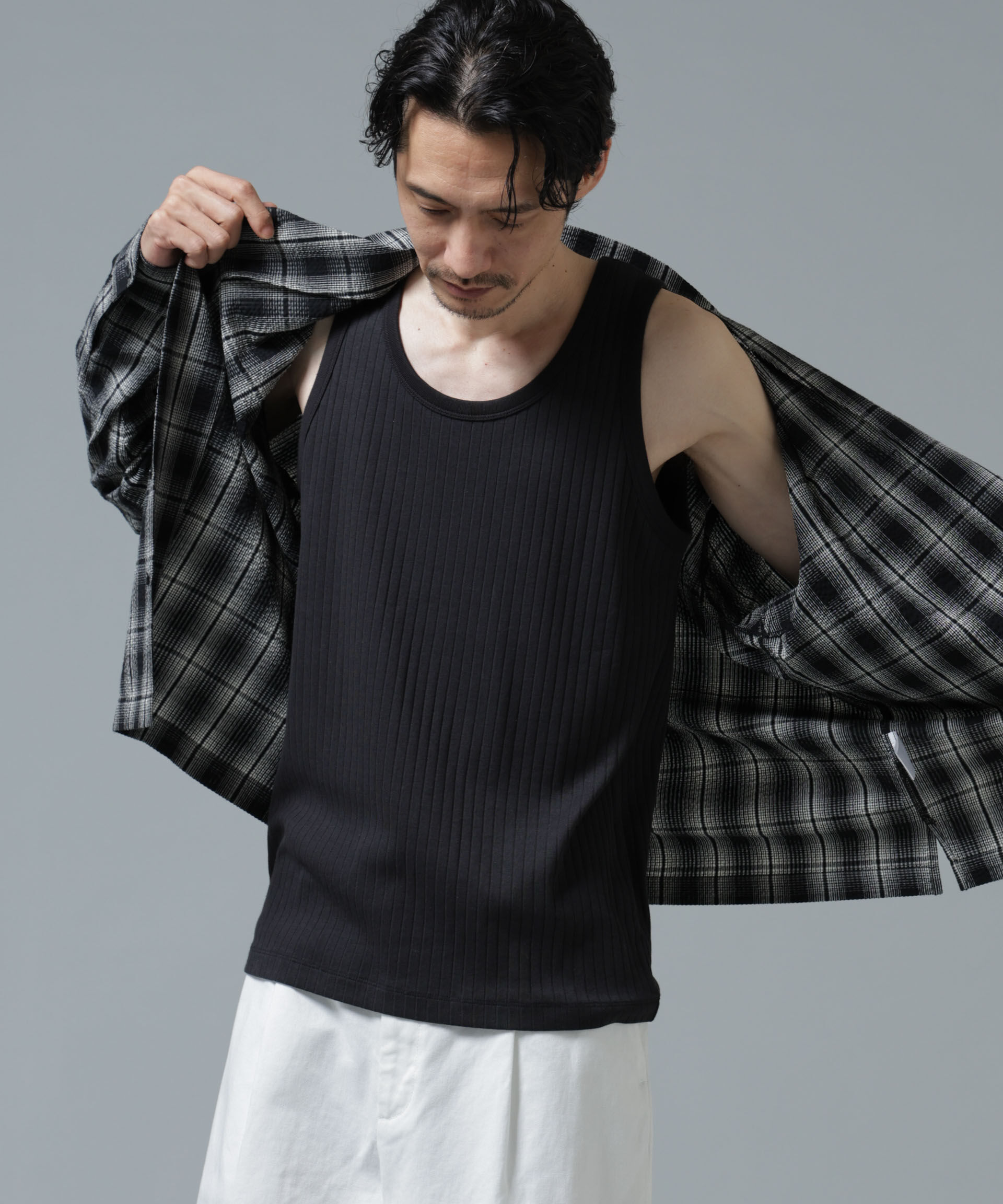 NANO universe「Anti Soaked(R) 汗染み防止 リブタンクトップ」|Tシャツ・カットソー|ブラック