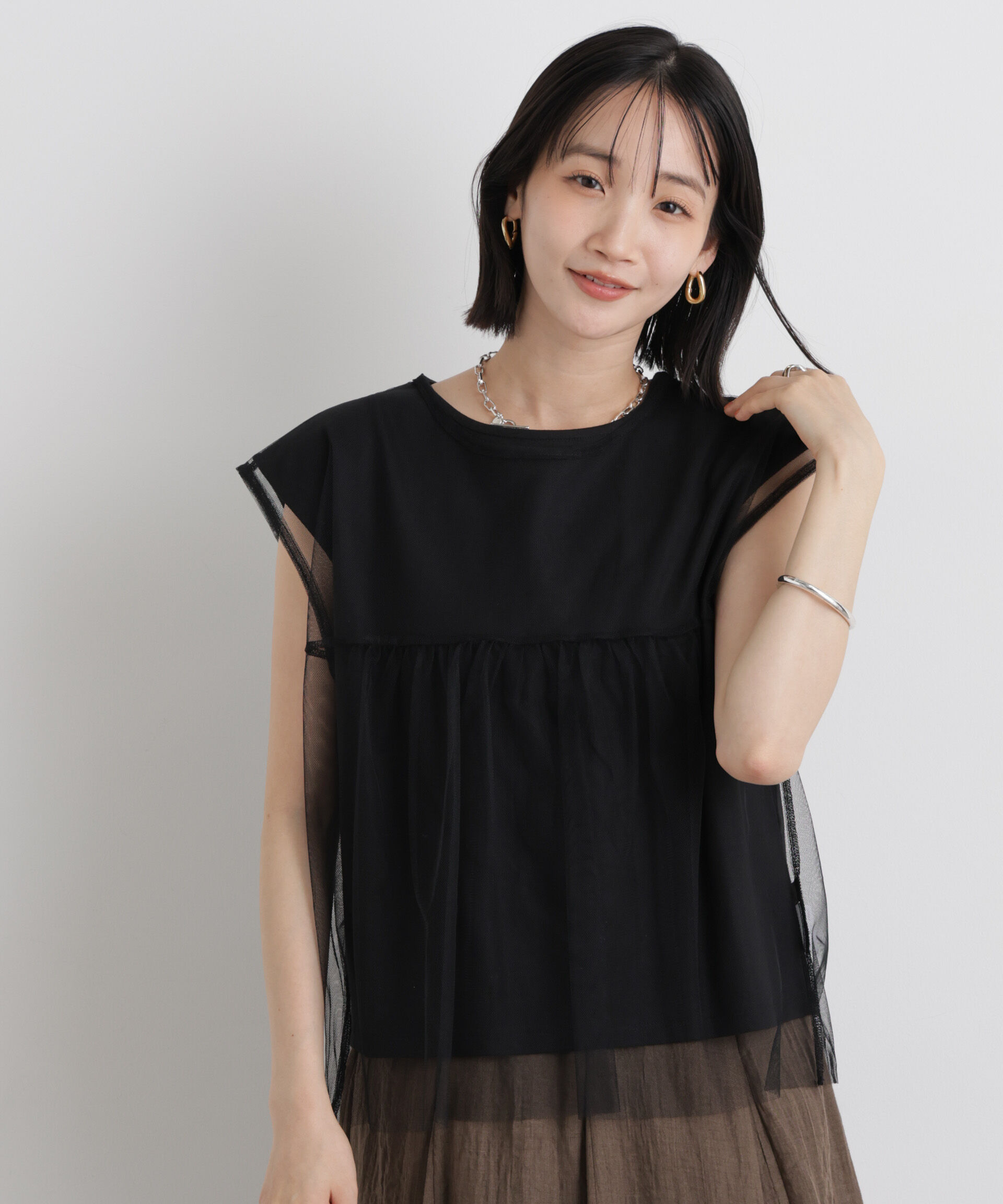 nano･universe「チュールギャザーブラウス&カットトップス アンサンブルセット」|Tシャツ・カットソー|ブラック