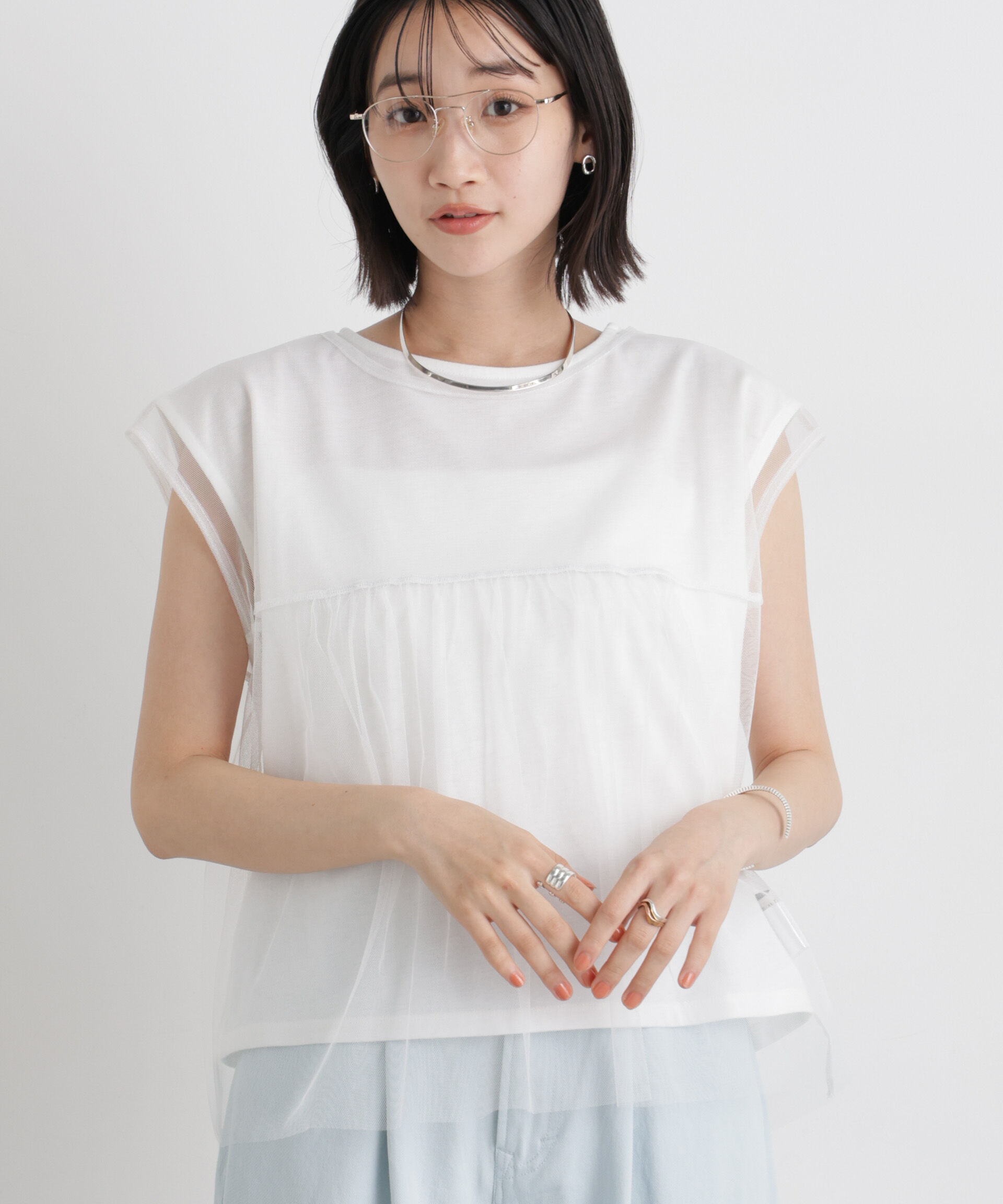 nano･universe「チュールギャザーブラウス&カットトップス アンサンブルセット」|Tシャツ・カットソー|
