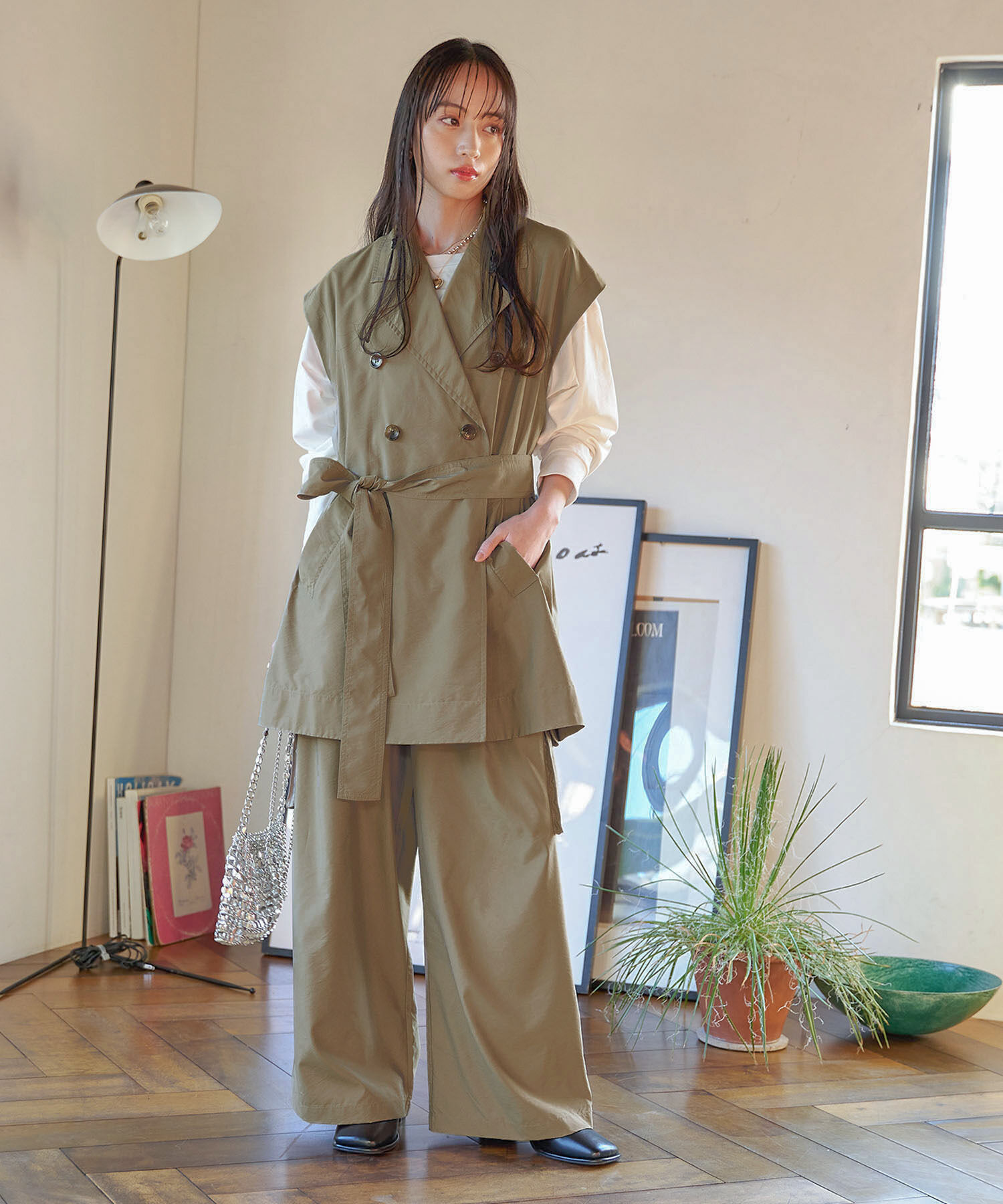 VIS「【セットアップ対応】タックギャザーワイドカーゴパンツ」|カーゴ|