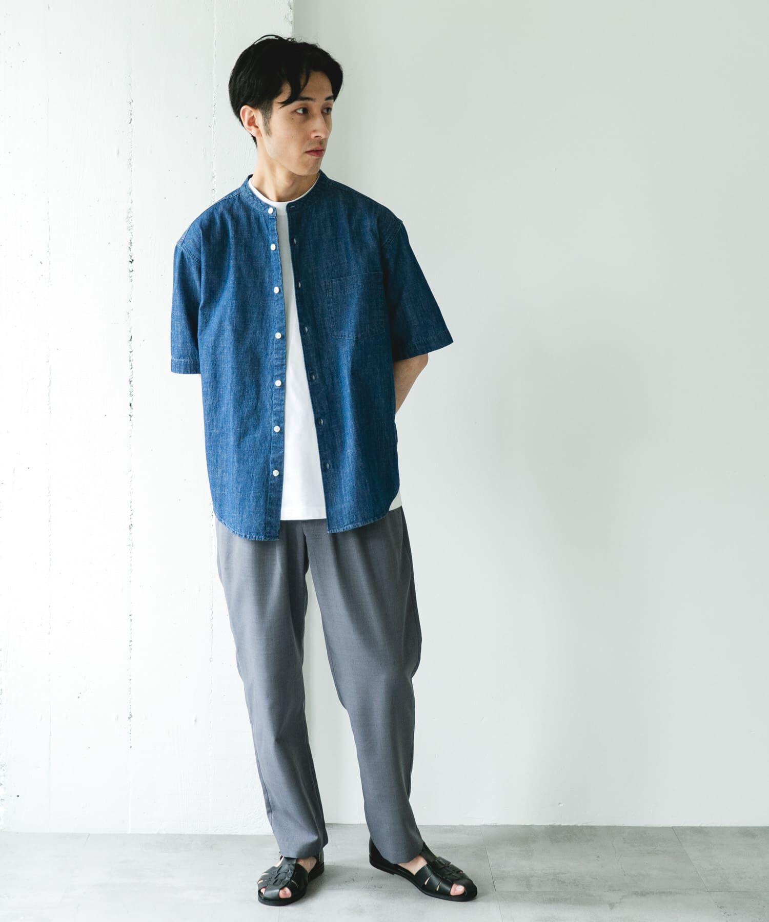 URBAN RESEARCH DOORS「リネンブレンド デニムバンドショートスリーブシャツ」|シャツ・ブラウス|