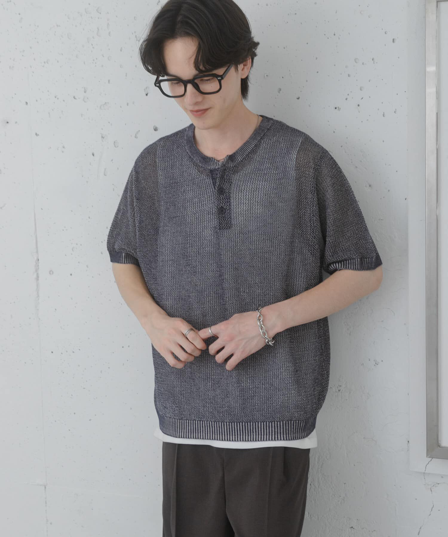SENSE OF PLACE by URBAN RESEARCH「『洗濯可』リネンタッチメッシュヘンリーニット」|ニット・セーター|ネイビー