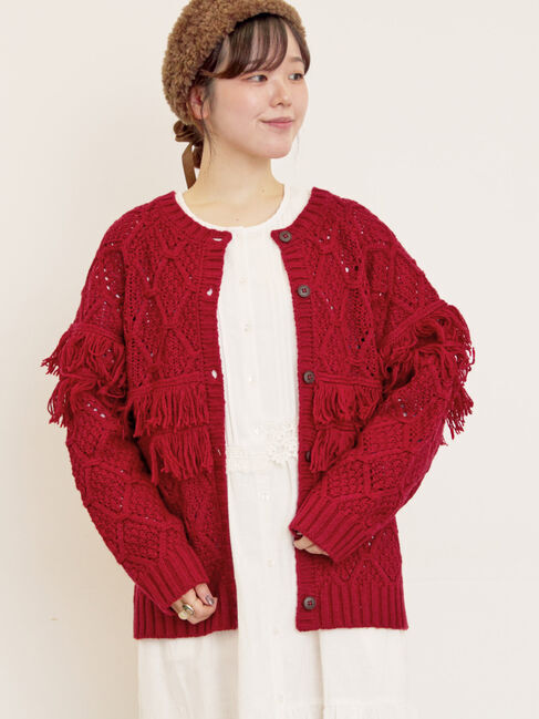Samansa Mos2「【Fluffy Wool Blend】フリンジ前後2WAYニット」|カーディガン|レッド