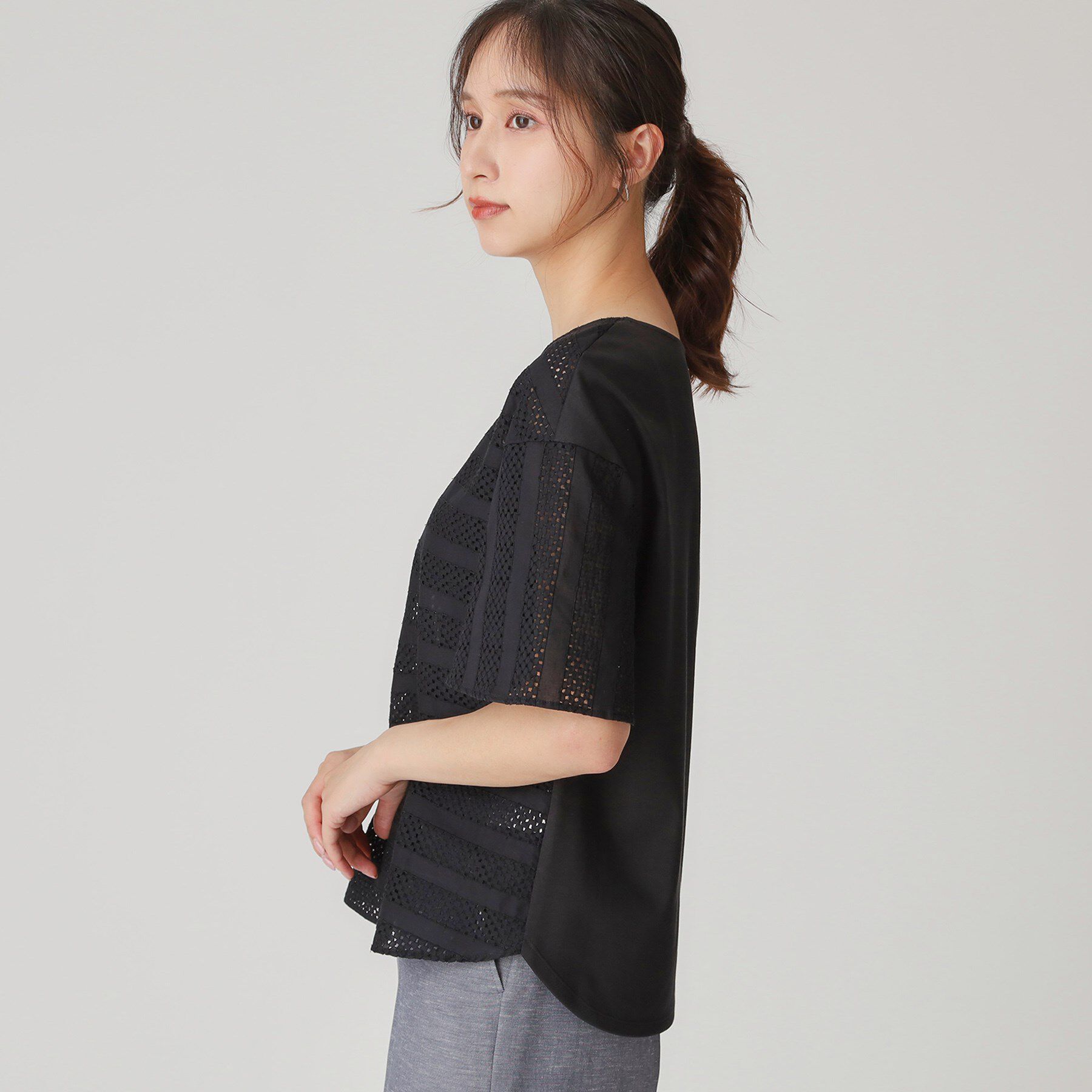 COUP DE CHANCE「【手洗い可／日本製】ジオメボーダーレースカットソー」|Tシャツ・カットソー|