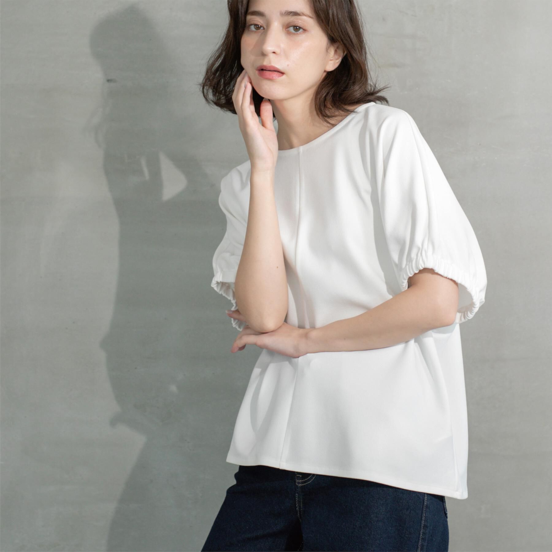 OPAQUE.CLIP「ギャザードルマンスリーブトップス【UV／吸水速乾／洗濯機洗い可】」|Tシャツ・カットソー|ホワイト(001)