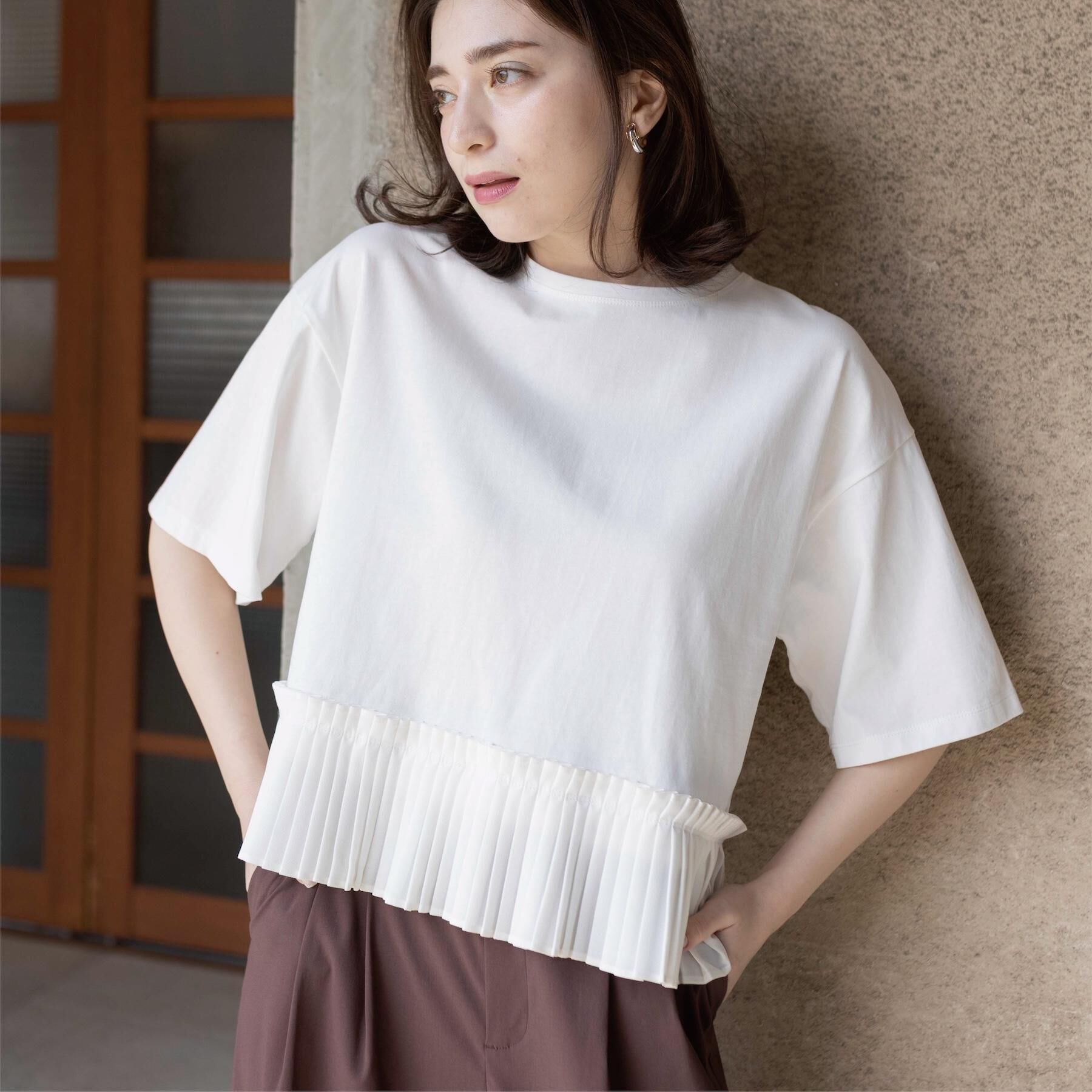 OPAQUE.CLIP「プリーツデザインドッキングトップス」|Tシャツ・カットソー|ホワイト(001)