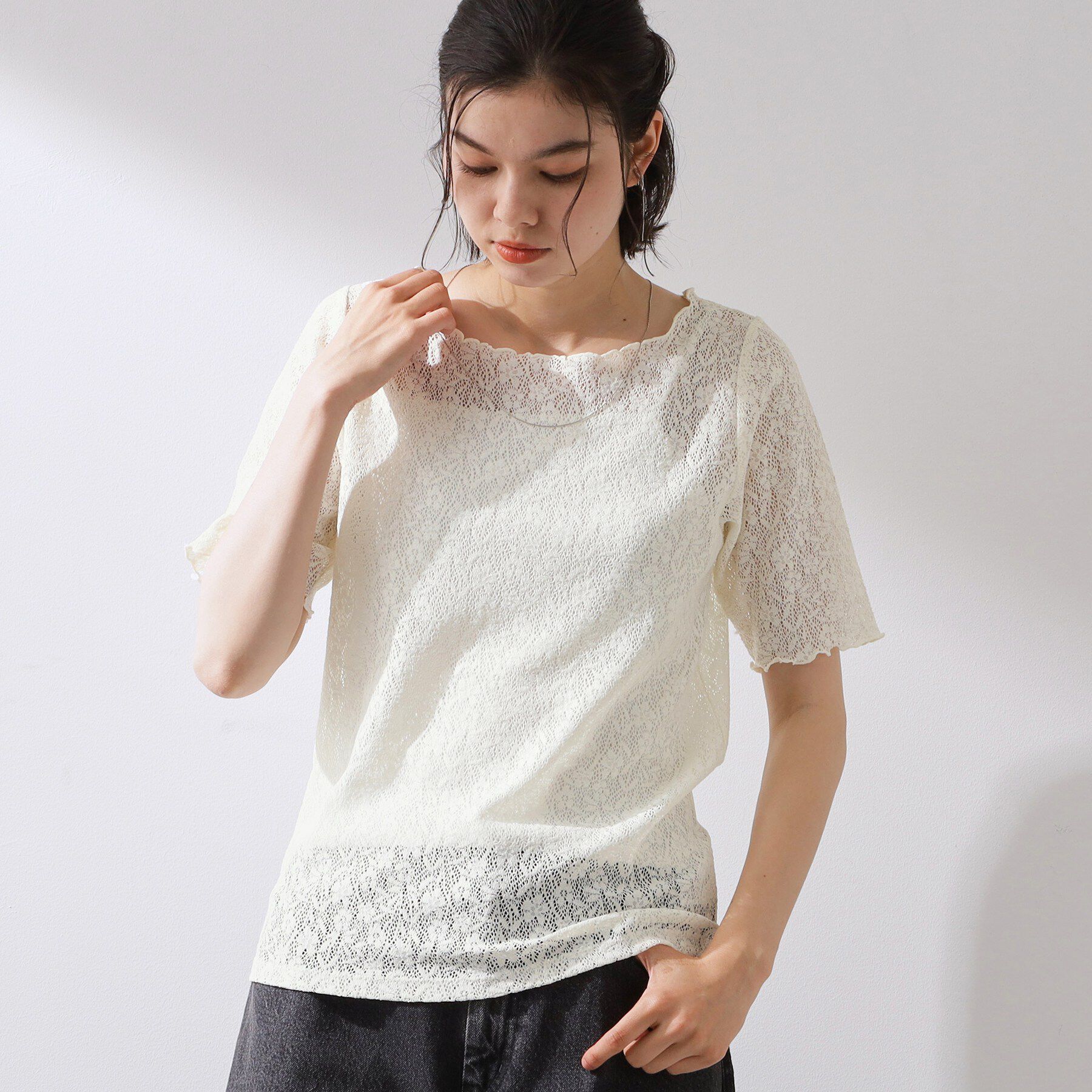 THE SHOP TK「繊細で上品な レース5分袖トップス」|Tシャツ・カットソー|アイボリー(004)