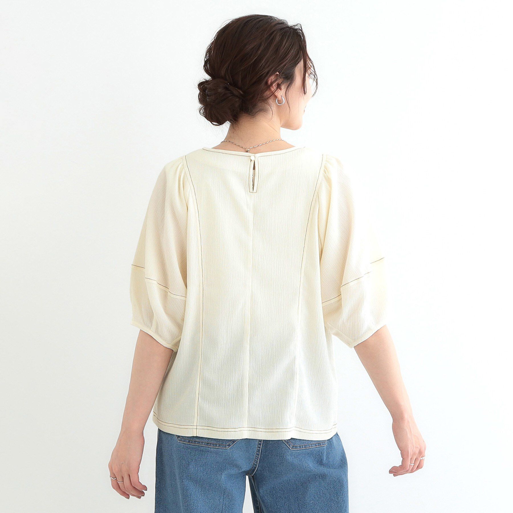 SHOO･LA･RUE「【洗える/S-LL/UV】 配色ステッチがアクセント 大人のデザイントップス」|Tシャツ・カットソー|