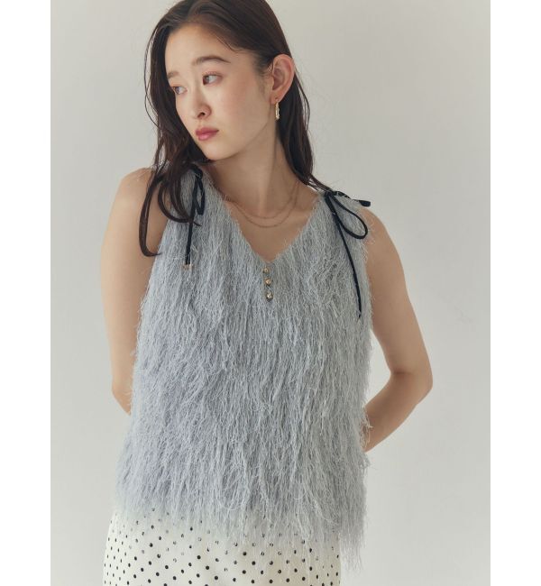LAGUNAMOON「フェザーVネックリボントップス」|Tシャツ・カットソー|ブルー