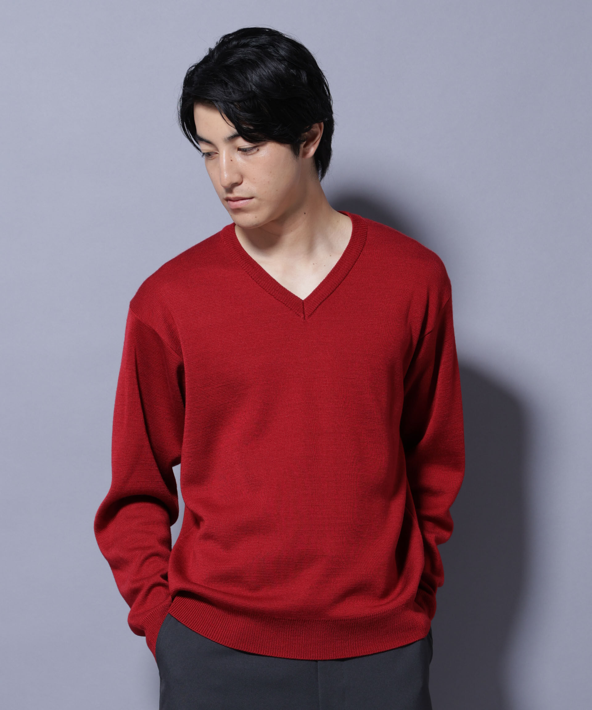 nano･universe「タスマニアウールミックス ミラノリブリラックスVネックニット」|ニット・セーター|レッド
