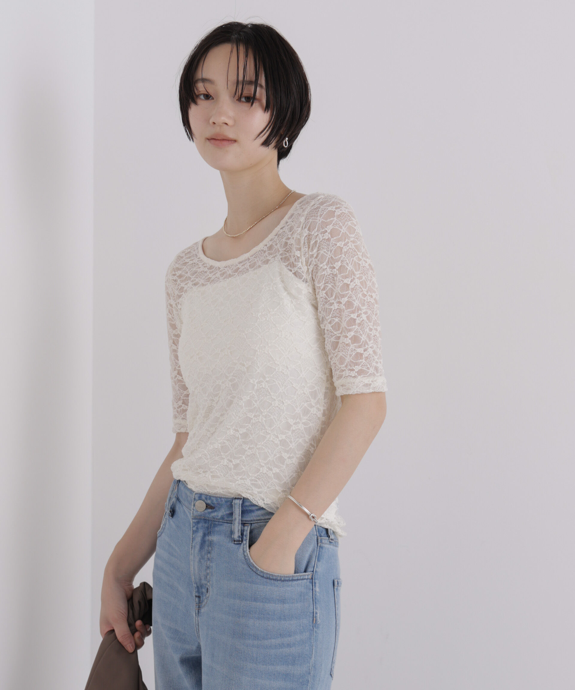 NANO universe「前後2wayシアーストレッチレーストップス」|Tシャツ・カットソー|