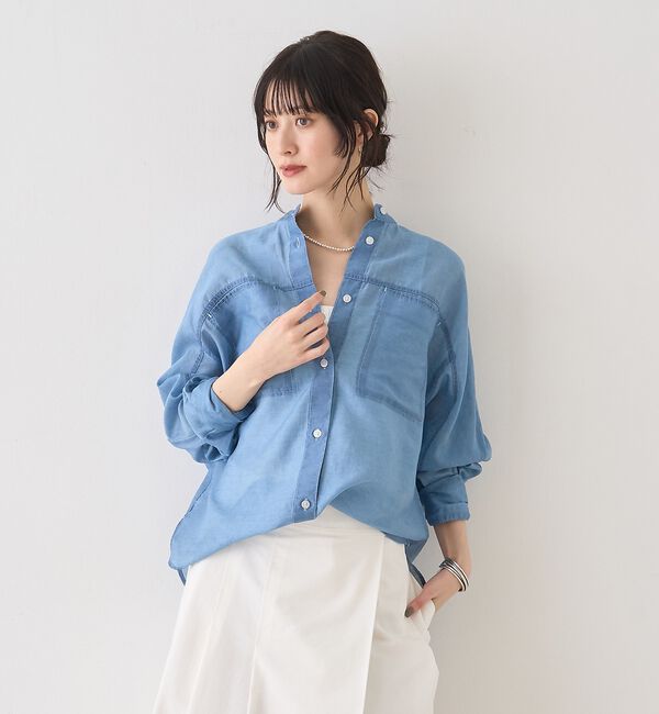 Rouge vif「【追加2】シアーデニムスタンドネックシャツ/バンドカラーシャツ【予約】」|シャツ・ブラウス|