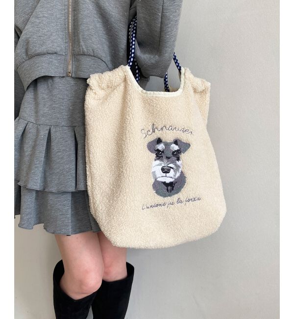  「アニマル刺繍ボアトートバッグ」|トートバッグ|アイボリー