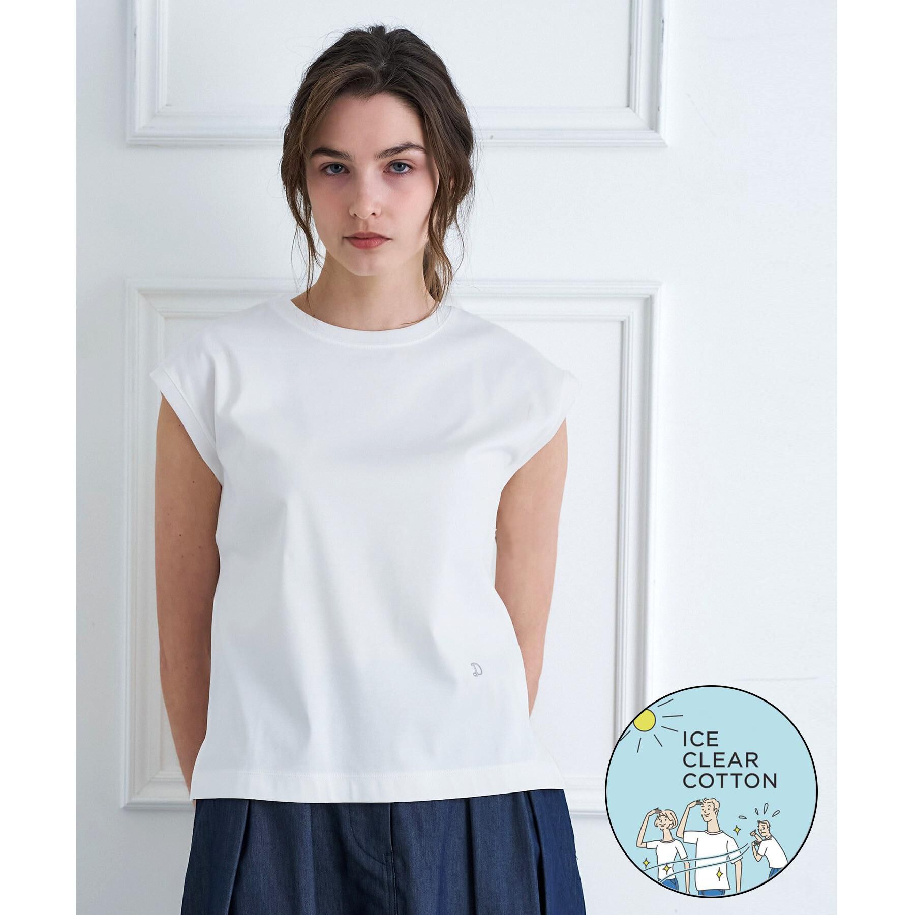 DRESSTERIOR「【接触冷感／抗菌防臭／消臭】アイスクリアコットンフレンチスリーブT」|Tシャツ・カットソー|ホワイト(001)