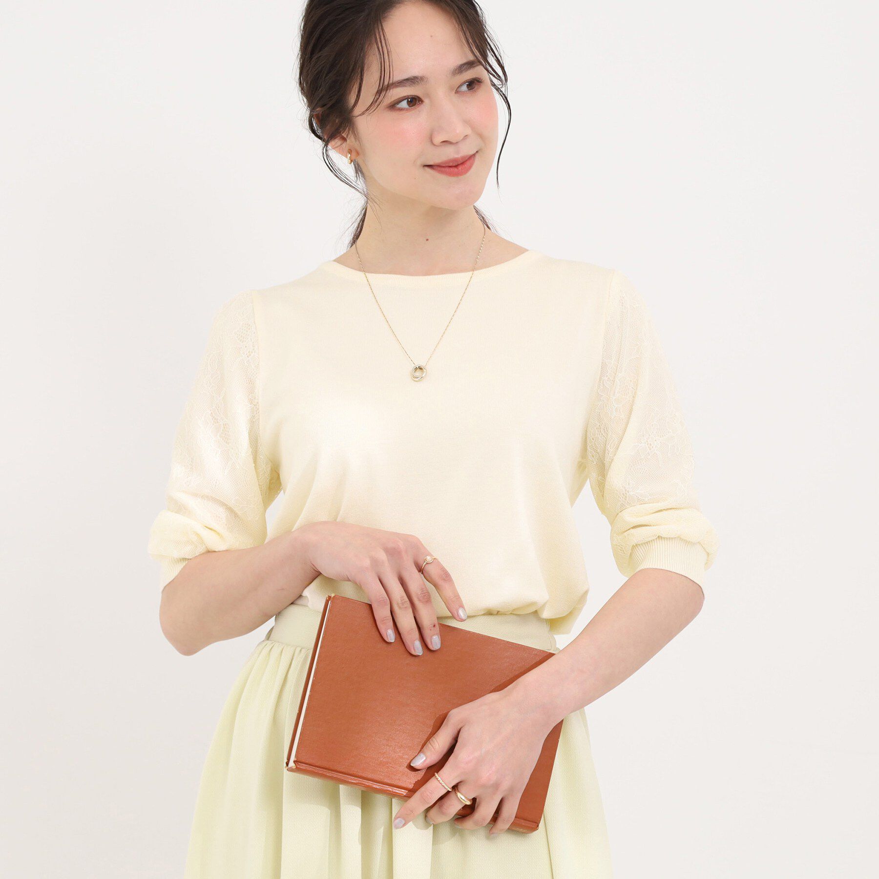 SHOO･LA･RUE「【洗濯機可/S-LL】シンプルだけど華やか レースの5分袖ニット」|ニット・セーター|アイボリー(004)