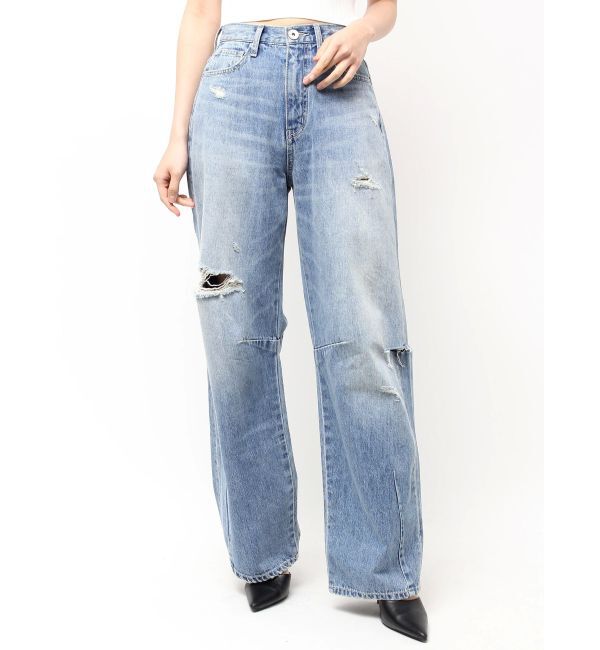 GYDA「ハイウエストGG Stitch Barrel Leg ダメージデニムパンツ」|デニム|ブルー