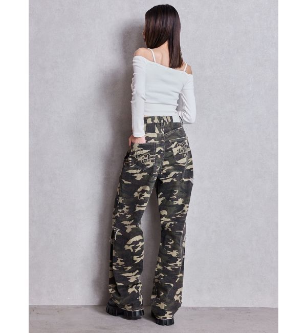 GYDA「ハイウエストGG Stitch Barrel Leg ダメージデニムパンツ」|デニム|