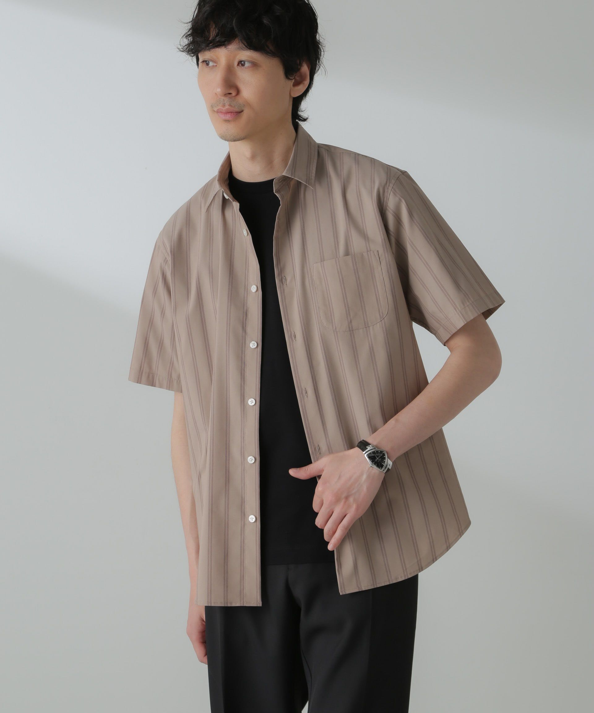 nano･universe「「ICE FLOW LINEN」バリエーションシャツ 半袖」|シャツ・ブラウス|ベージュ