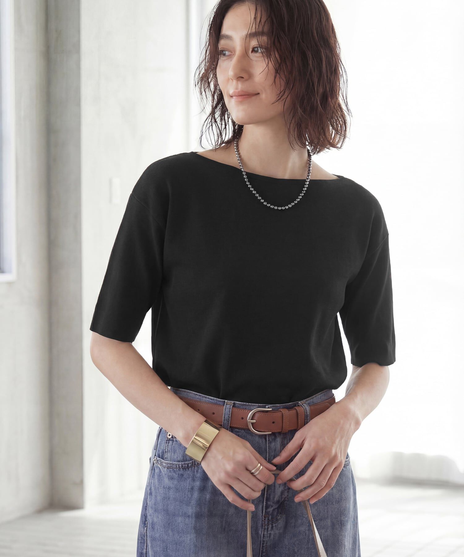 STYLE DELI「サラッとした５分袖ボートネックニットB」|ニット・セーター|ブラック