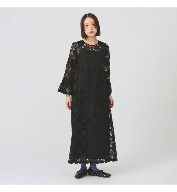 Ray BEAMS 「レース ベルカフス ロングスリーブ ワンピース　　26SS 二次会 お呼ばれ パーティ 総レース マキシ丈」|ワンピース|BLACK