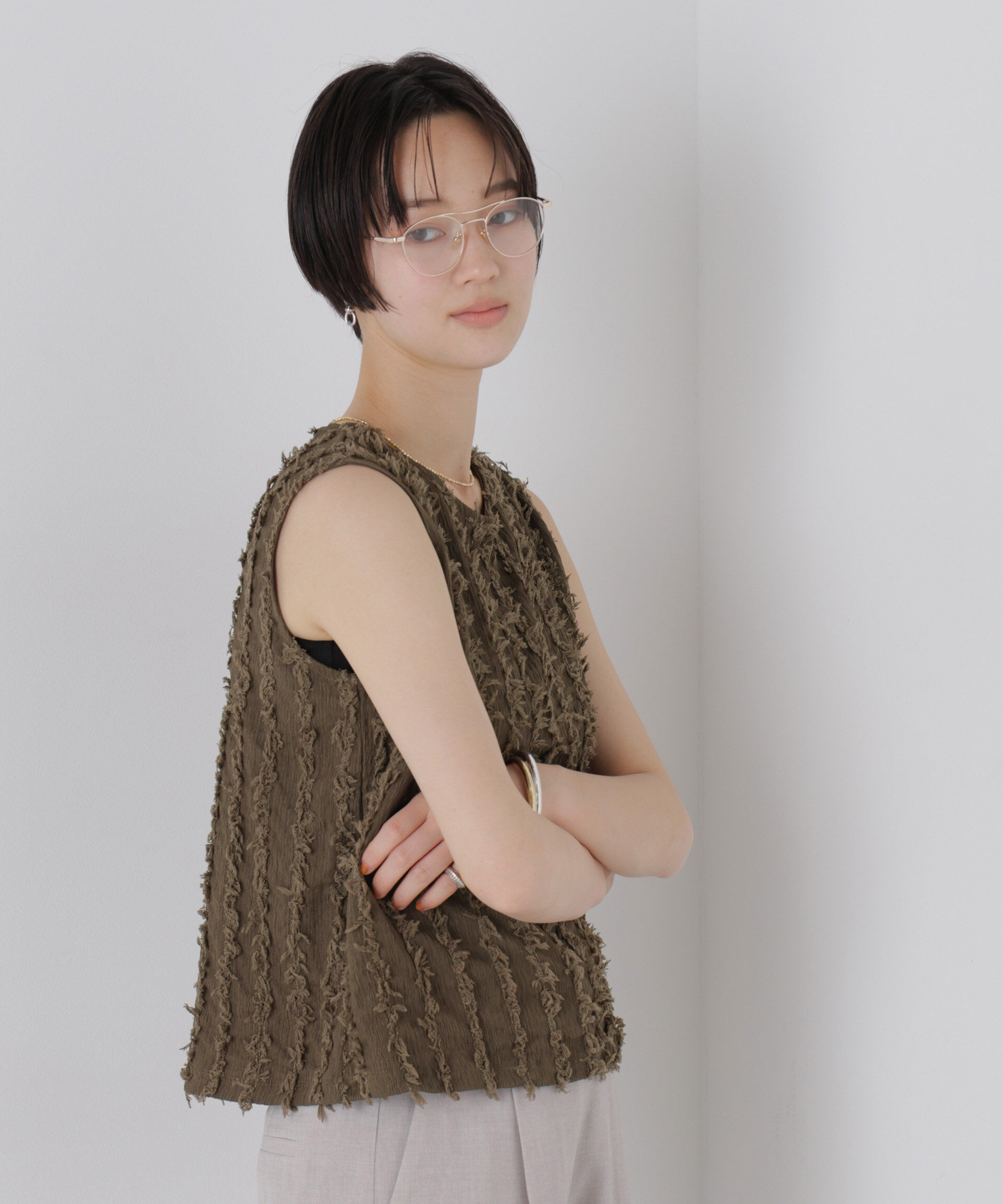 nano･universe「フリンジジャガードノースリーブプルオーバートップス(セットアップ可)」|Tシャツ・カットソー|