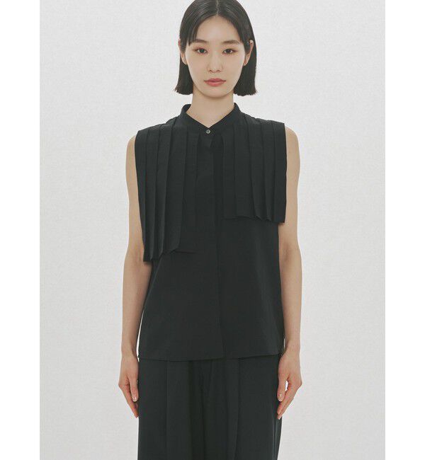 MIDIUMISOLID「MIDIUMISOLID for Ladies ノースリーブアシンメトリープリーツシャツ」|シャツ・ブラウス|ブラック