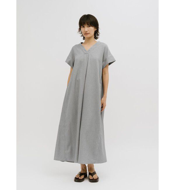 MIDIUMISOLID「MIDIUMISOLID for Ladies リネンライクVネックフレアワンピース」|ワンピース|ライトグレー