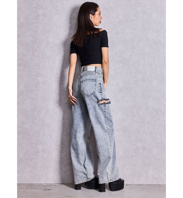 GYDA「ハイウエストGYDA CUT OUT SIDE RIPPEDデニムパンツ」|デニム|