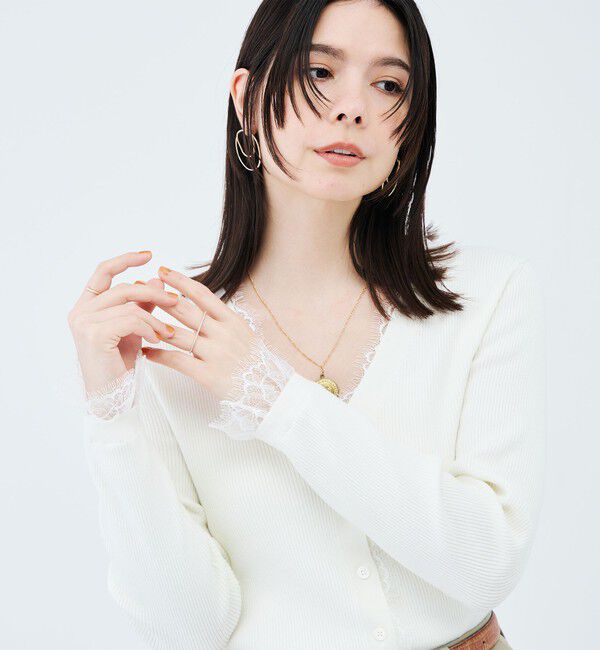 NOLLEY'S sophi「《手洗い可能》レース付きリブVネックカーディガン」|カーディガン|オフホワイト