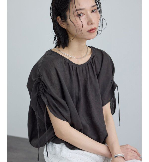 SALON adam et rope'「【WEB限定】ヨーロピアンリネンドロストギャザーブラウス」|シャツ・ブラウス|チャコール(06)