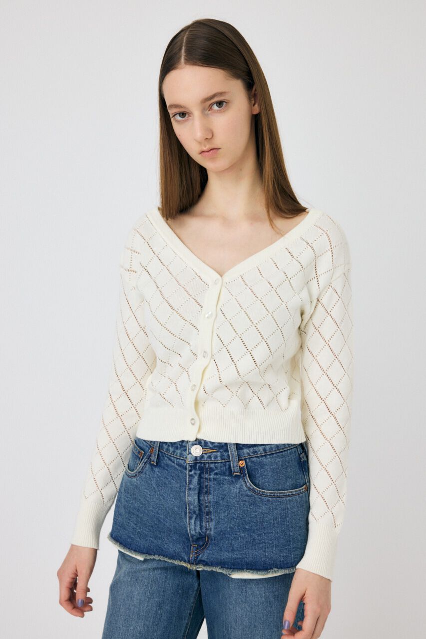 MOUSSY「EYELET ニットカーディガン」|ニット・セーター|O/WHT1