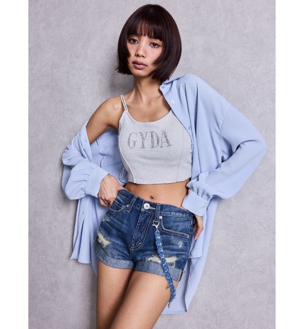 GYDA「ジャストウエストGYDA chainダメージデニムショートパンツ」|デニム|