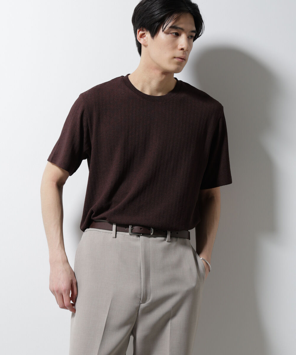 NANO universe「｢Damerino｣ヘリンボンクルーネックTシャツ/防シワ・吸水速乾・UVカット」|Tシャツ・カットソー|ブラウン