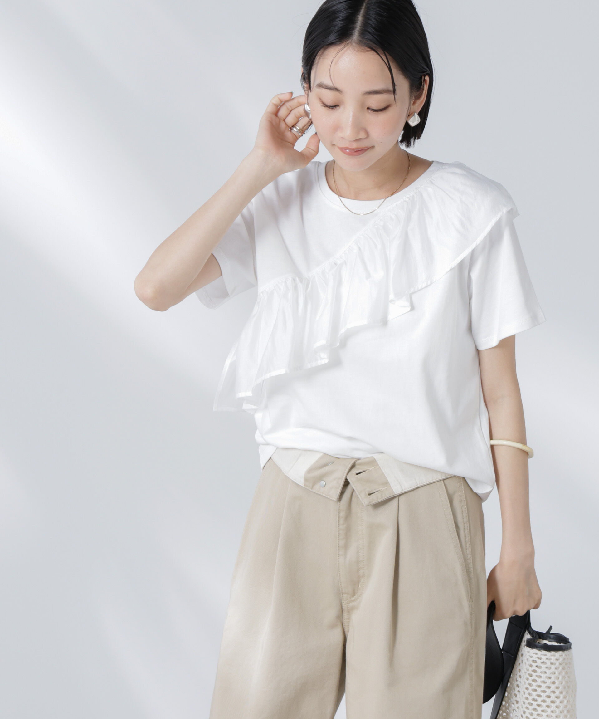 NANO universe「アシンメトリーフリル異素材コンビTシャツ」|Tシャツ・カットソー|