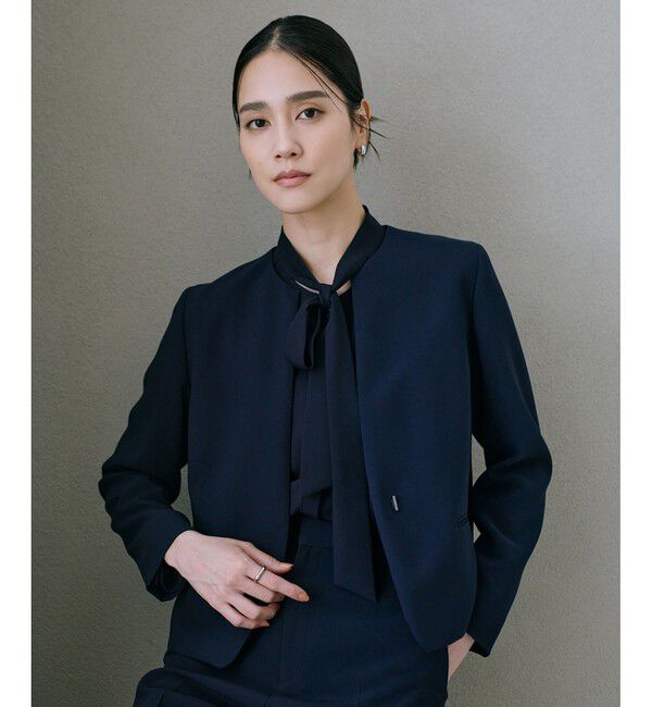 ROPE「トリアセダブルクロス クルーネックジャケット/イージーケア・セットアップ対応・25AW」|ノーカラージャケット|ネイビー(40)