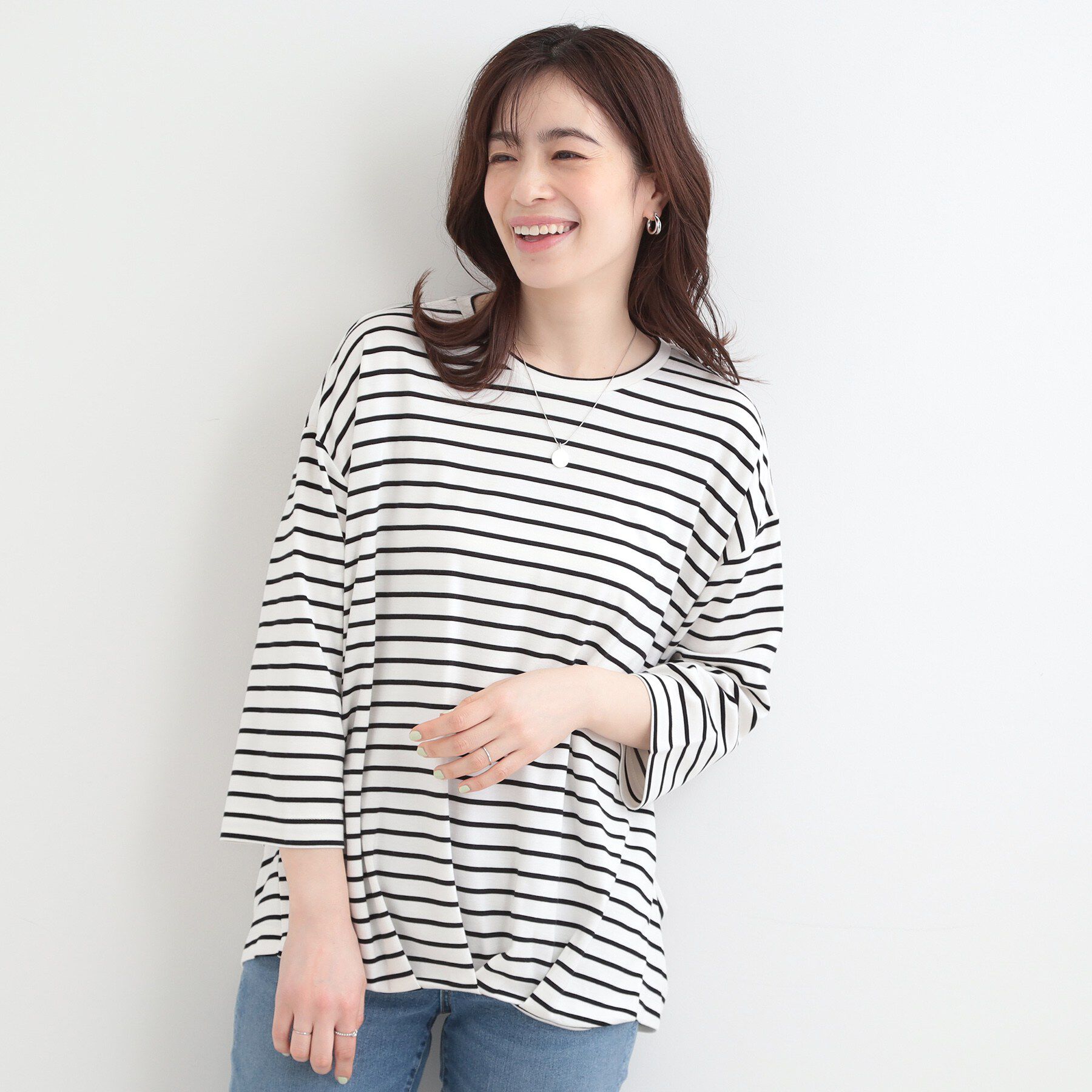 SHOO･LA･RUE「【ひんやり/UV/体型カバー】とろみフロントタック7分袖ゆるトップス」|Tシャツ・カットソー|