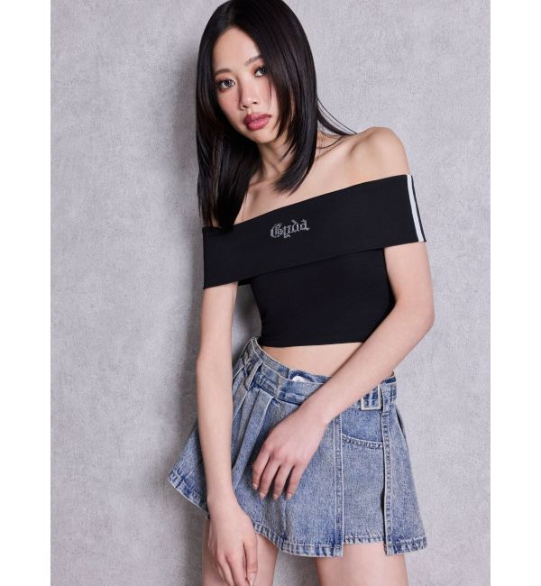 GYDA「ハイウエストレイヤードプリーツスカートライクデニムショートパンツ」|スカート|