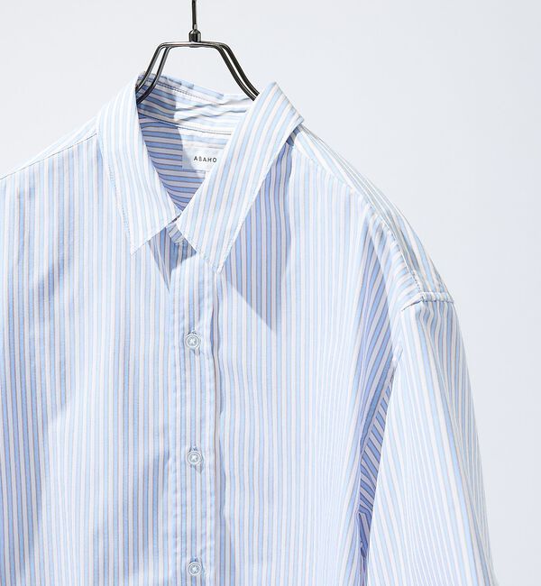 ABAHOUSE「【JAMES FABRIC】サイドガゼット ストライプ半袖シャツ / オーバーサ」|シャツ・ブラウス|サックスブルー