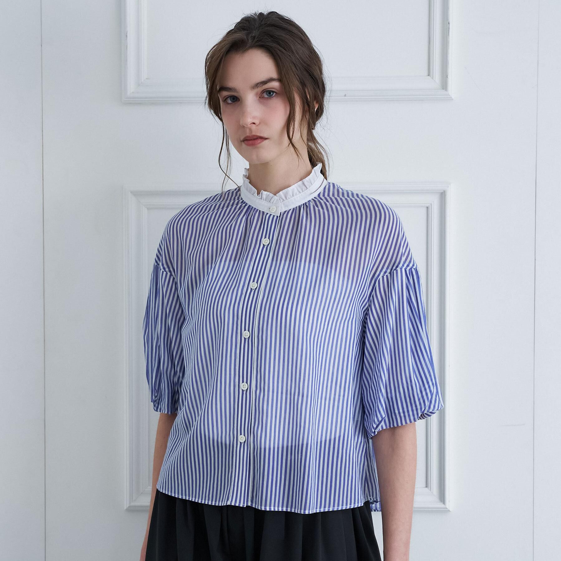 DRESSTERIOR「【otonaMUSE5月号掲載/ウォッシャブル】ロンドンストライプクレリックブラウス」|シャツ・ブラウス|ブルー(393)