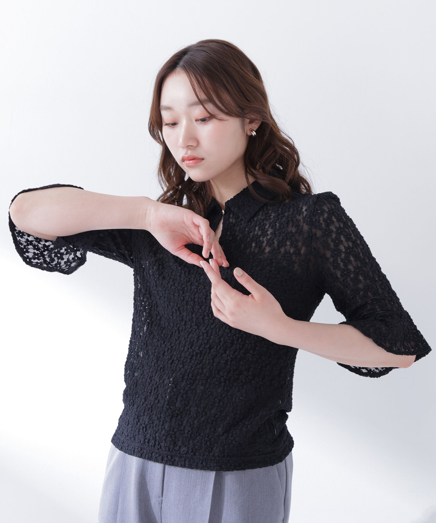  「シャツカラーレースカットソー」|Tシャツ・カットソー|ブラック