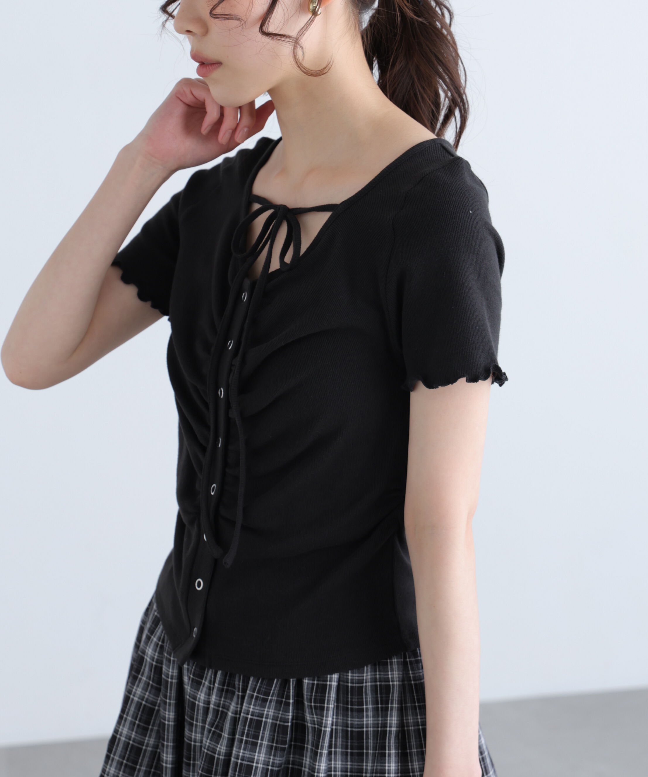  「フロントギャザーデコルテ半袖カットソー」|Tシャツ・カットソー|