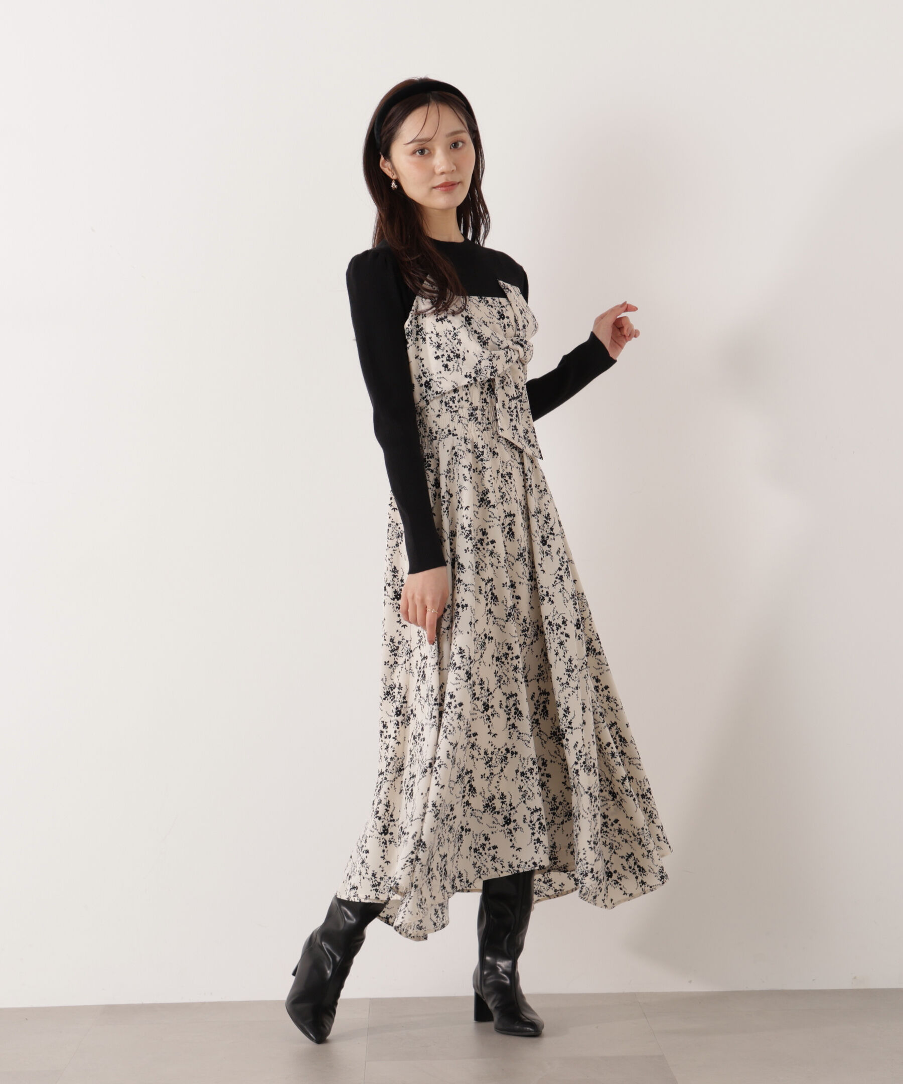 PROPORTION BODY DRESSING「フロントリボン花柄ドッキングワンピース　26SS」|ワンピース|