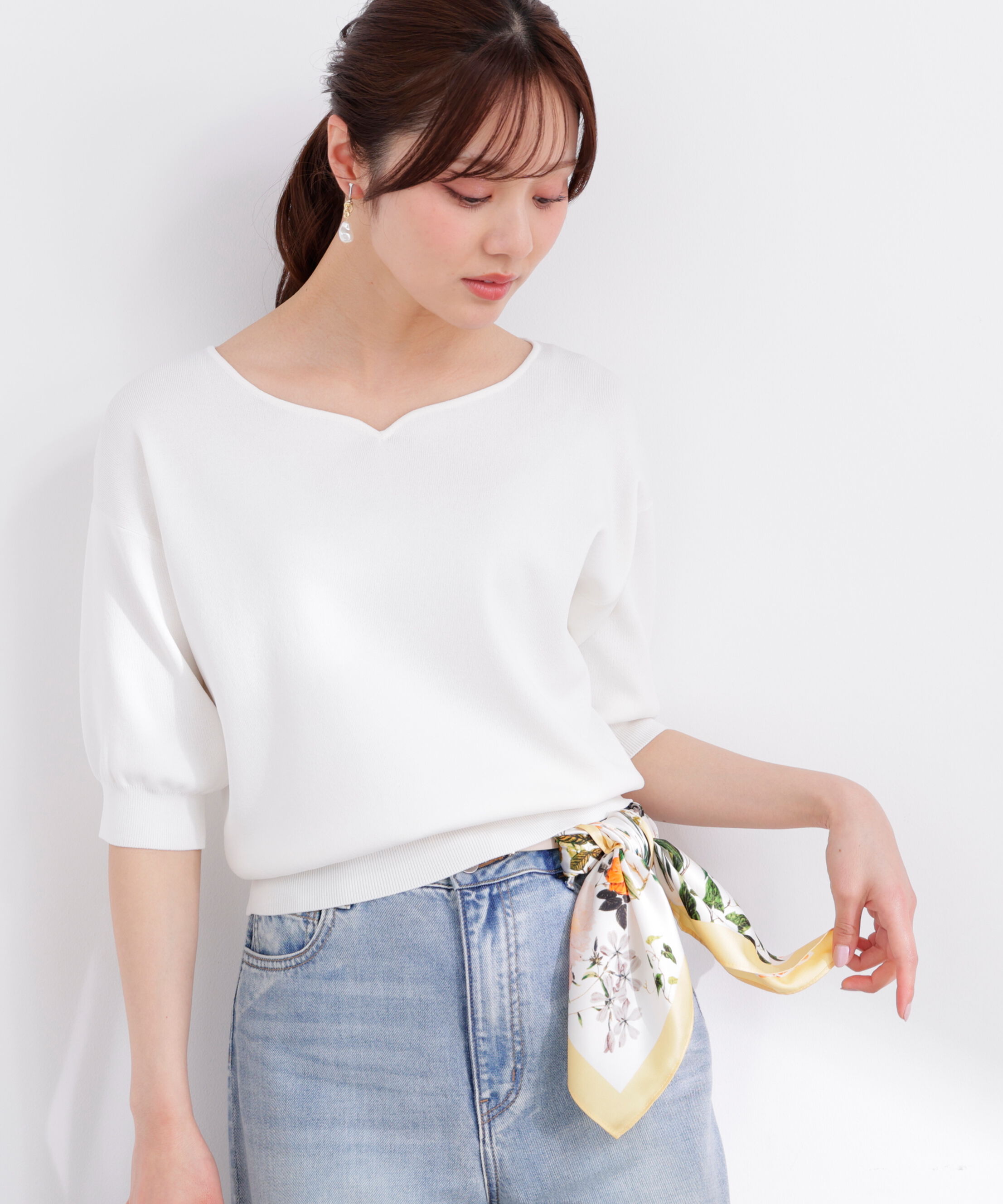 PROPORTION BODY DRESSING「5分袖ハートカットドルマンニット 26SS」|ニット・セーター|ホワイト
