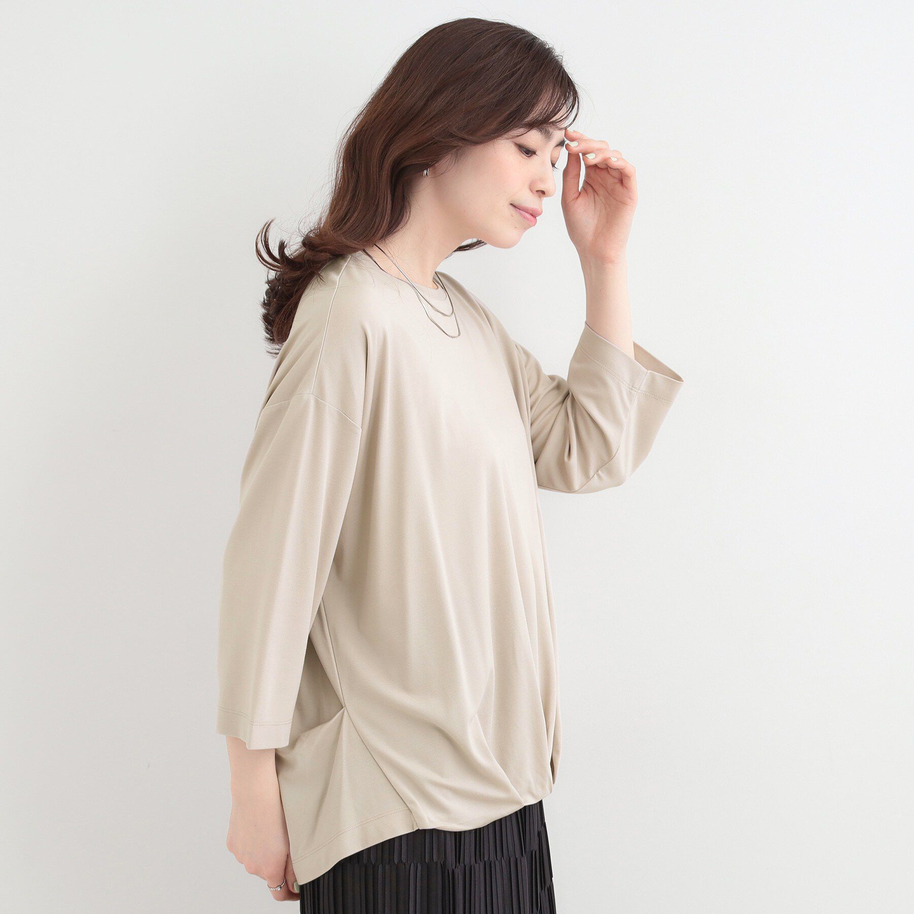 SHOO･LA･RUE「【ひんやり/UV/体型カバー】とろみフロントタック7分袖ゆるトップス」|Tシャツ・カットソー|