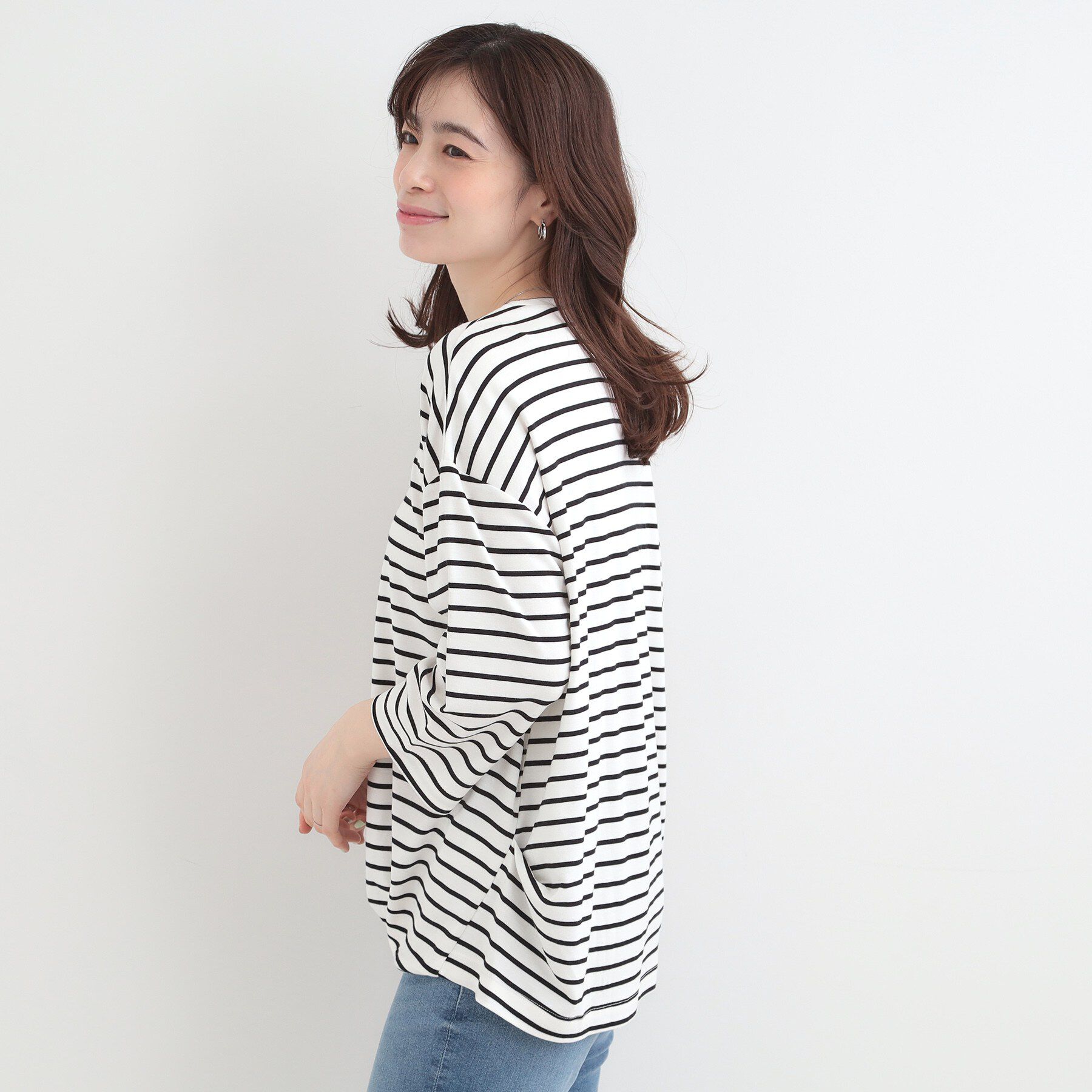 SHOO･LA･RUE「【ひんやり/UV/体型カバー】とろみフロントタック7分袖ゆるトップス」|Tシャツ・カットソー|