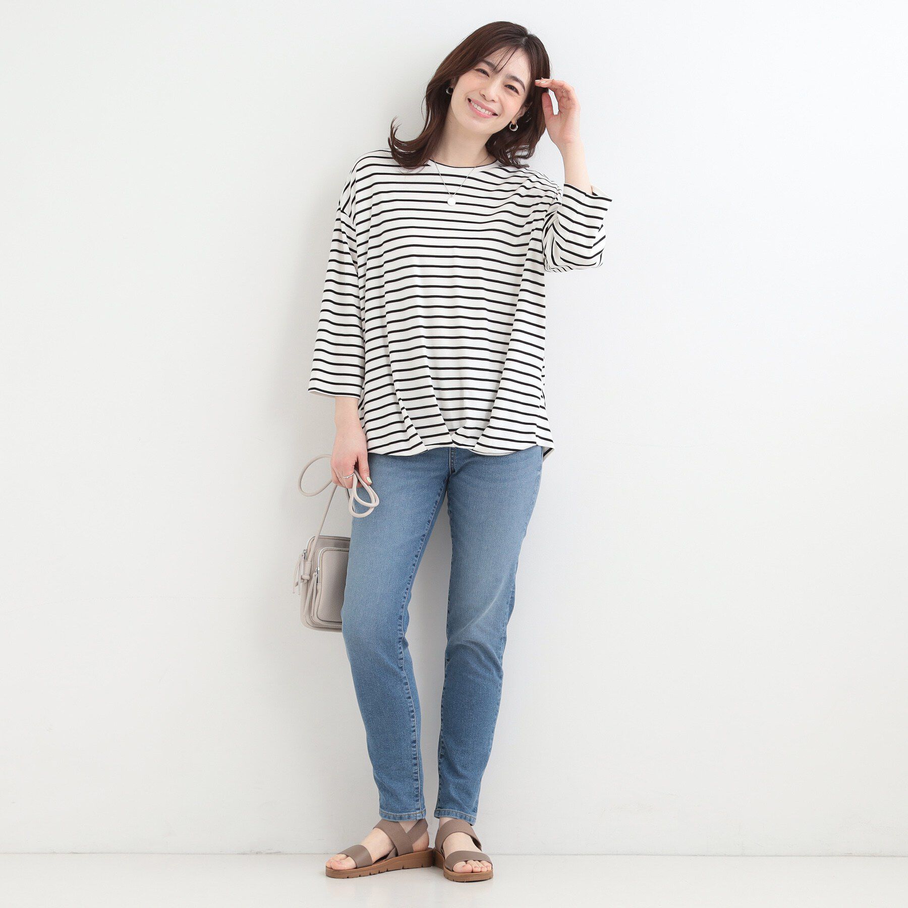SHOO･LA･RUE「【ひんやり/UV/体型カバー】とろみフロントタック7分袖ゆるトップス」|Tシャツ・カットソー|