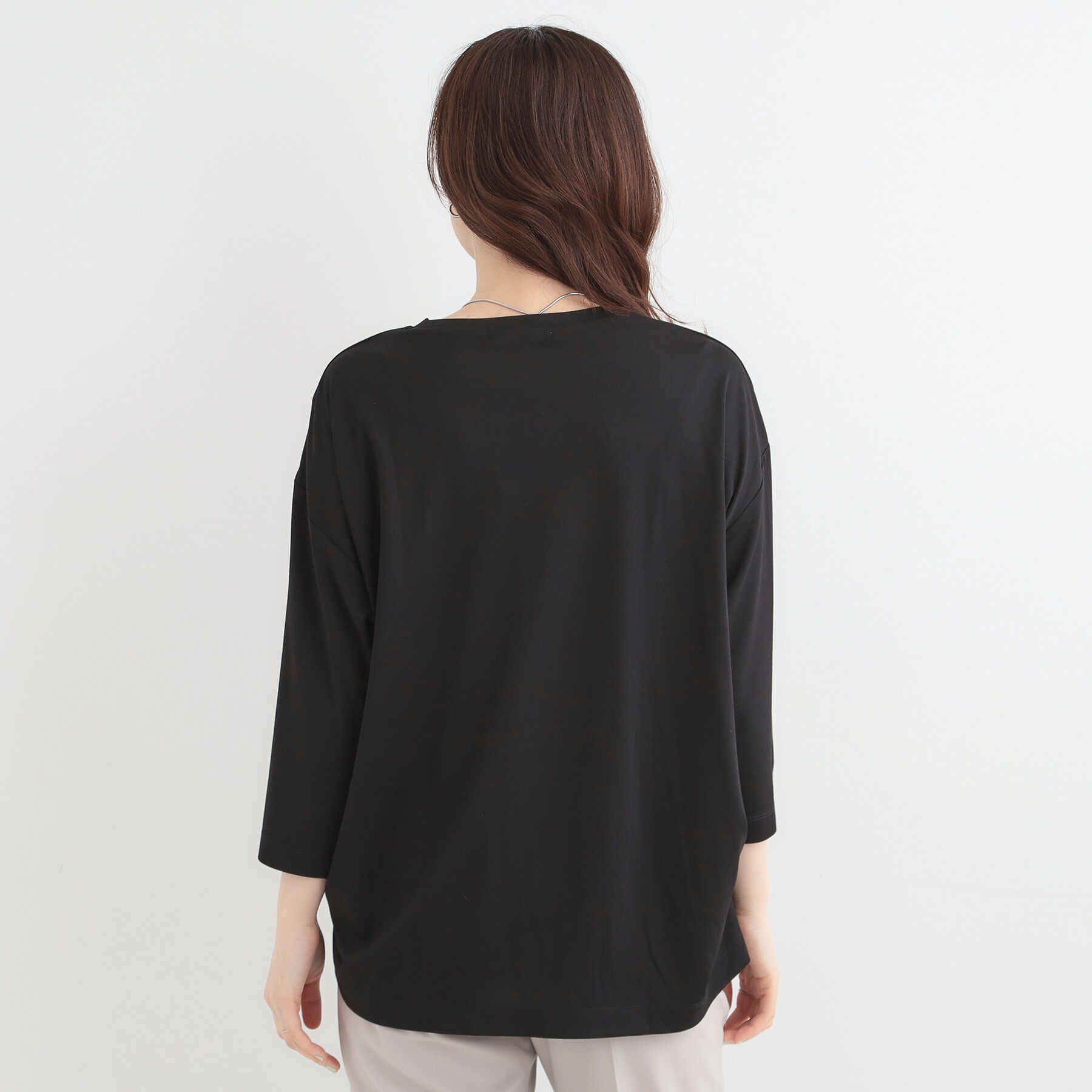 SHOO･LA･RUE「【ひんやり/UV/体型カバー】とろみフロントタック7分袖ゆるトップス」|Tシャツ・カットソー|