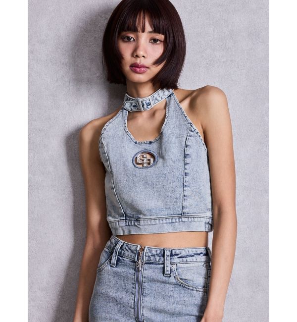 GYDA「GG bijou MOLDチョーカーデニムショートTOPS」|タンクトップ|