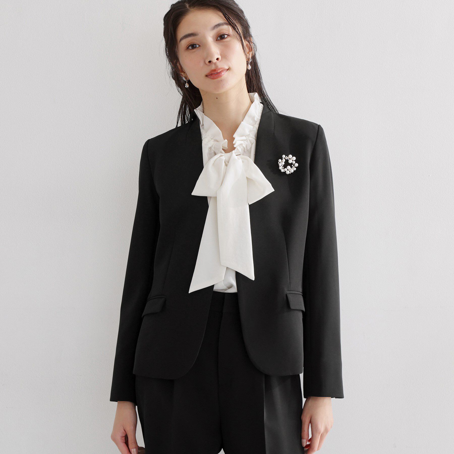 THE SHOP TK「【通勤スタイルに】ダブルクロス ノーカラージャケット/セットアップ可」|ノーカラージャケット|ブラック(019)
